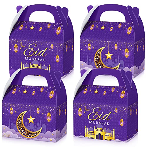 TaoBary 24 Pack Ramadan Treat Boxes Eid Mubarak Gift Boxes Mosque Star Moon Lantern Party Favor with Handle Bulk Ramadan Goodie Candy Bag for Eid Al Fitr Packages Supplies(Purple) - color: Purple