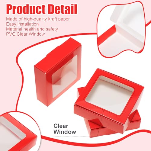 Zonon 30 Pcs Kraft Paper Boxes with Window 4.13 x 4.13 x 1.18 Inch Candy Packaging, Small Gift Boxes, Soap holder, Mini Treat Packaging for Bakery Chocolate Jewelry Display (Red) - color: Red