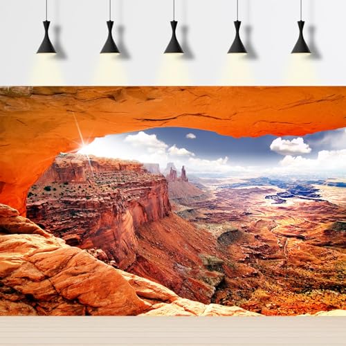 Rock Stone Reptile Habitat Background Desert Gobi Clear Blue Sky Terrarium Background Oasis Mountain Cactus with Sun Rays Aquarium Background Natural Desert Style Landscape Fish Tank Backdrop 24x12in - color: Rock Yellow, size: 24(W)x12(H)inches/ 60(W)*30