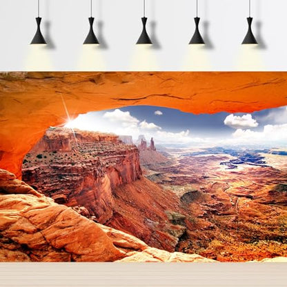 Rock Stone Reptile Habitat Background Desert Gobi Clear Blue Sky Terrarium Background Oasis Mountain Cactus with Sun Rays Aquarium Background Natural Desert Style Landscape Fish Tank Backdrop 24x12in - color: Rock Yellow, size: 24(W)x12(H)inches/ 60(W)*30