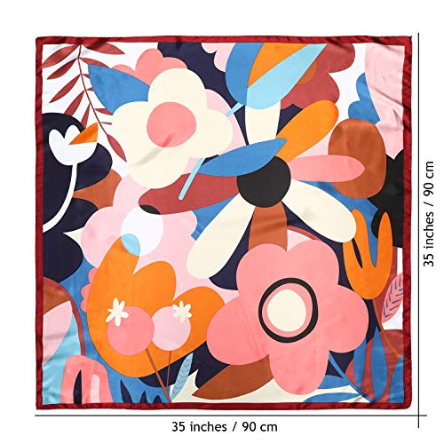 AWAYTR 35” Large Satin Square Head Scarf - 2Pcs Silk Like Floral Head Scarves Square Satin Hair Scarf Bandanas for Women - color: Flower(red/Yellow)