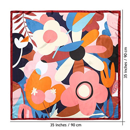 AWAYTR 35” Large Satin Square Head Scarf - 2Pcs Silk Like Floral Head Scarves Square Satin Hair Scarf Bandanas for Women - color: Flower(red/Yellow)