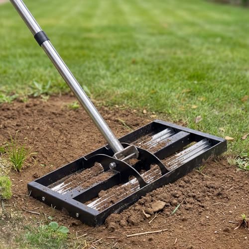 VEVOR Updated Lawn Leveling Rake with Roller, 17" x 10" Stainless Steel Lawn Leveler with 63.4" Adjustable Handle, Heavy Duty Yard Leveling Rake, Effort Saving Lawn Leveling Tool for Yard Golf Court - size: 10x17x70in (with Roller)