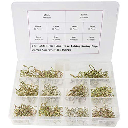 250 Pieces 10 Sizes Fuel Line Hose Tubing Spring Clips Clamps Assortment Kit for Motorcycle Scooter ATV, 5-14mm