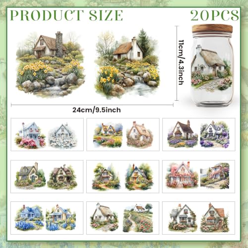20 Pcs Flower Garden House UV DTF Cup Wraps, 4.3 x 9.4 Inch Flower UV DTF Transfer Stickers Waterproof Rub on Transfer Decals for 16OZ Glass Bottle Vase Furniture Crafts - style: Garden House
