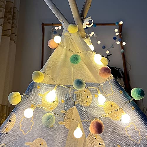 ChiRee Pom Poms 요정 조명 - 1.9m(6.56피트), LED 20개, 배터리 작동, 가정, 침실, 어린이 놀이방, 휴일, 크리스마스용 웜 화이트 글로브 조명 - color: 핑크와 블루.