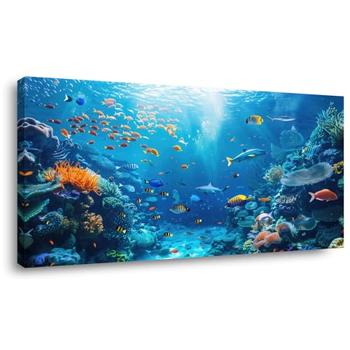 Palderwallart Tropical Seafloor Animal Landscape Wall Art for Living Room Office Pretty Sea Fish Nature Scenery Navy Blue Painting Print Wildlife Scenic Canvas Artwork Couch Dining (20x40 Inches) - color: Navy Blue Wall Art (Y855), size: 40"L x 20"W