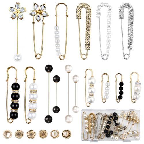 22pcs Retro Pearl Brooch Pins, Pant Waist Tightener Safety Pins for Sweater Shawl Cardigan Collar Dress Shirt Jeans, Fashion Decoration Accessories for Women Girls - color: Elegant
