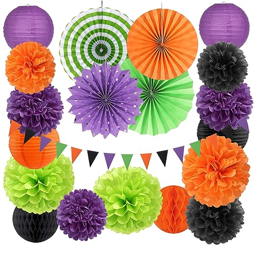 Black Purple Orange-Green Halloween Party-Decorations - 20pcs Paper Lanterns Fans,Tissue Pom Poms,Honeycomb Balls,Hotel Transylvania Hocus Pocus Birthday Baby Bridal Shower Wedding Decor Burgleda - color: Orange Black Purple Green