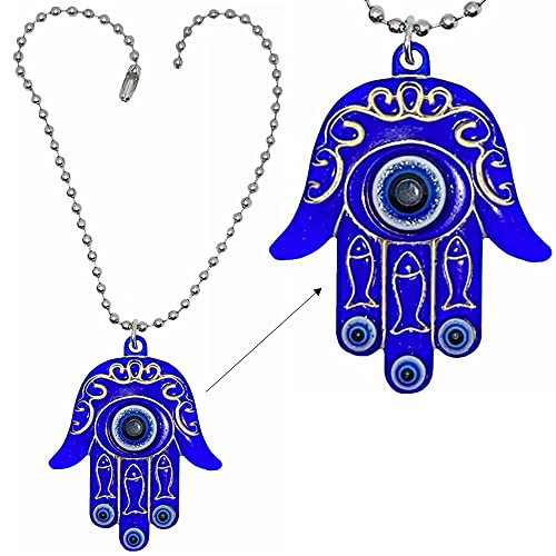 LUCKBOOSTIUM Hamsa Hand Amulet Good Luck & Protection Blue White & Black Evil Eye Hanging Car Mirror Accessories Office Door - color: Ball Chain