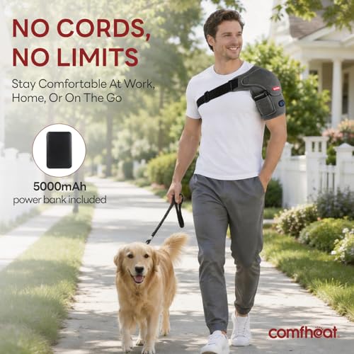 Cordless Shoulder Heating Pad with Massager, Heated Shoulder Brace | Rotator Cuff Frozen Shoulder Pain Relief Heat Wrap, 5000mAh Battery Powered 1-3H Hot Compress for Men & Women