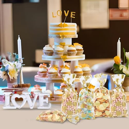 COQOFA 100 Pcs Gold Heart Cello Cellophane Treat Bags - Clear Candy Cookie Bags with Twist Ties for Baby Shower, Valentine, Wedding, Birthday - color: Gold Heart, size: 4x9 in