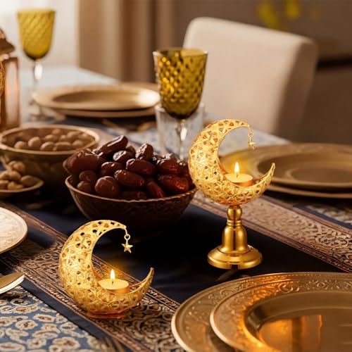 Yungyan 3 Pcs Ramadan Candlestick Holder Eid Mubarak Metal Moon Shape Tealight Candle Holder Ramadan Candle Stand Table Centerpieces for Islamic Party Wedding Festival Gift Decor