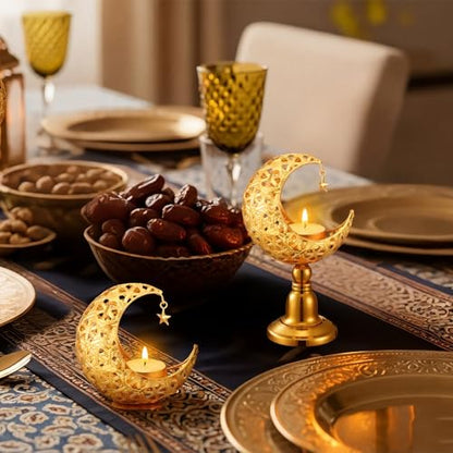 Yungyan 3 Pcs Ramadan Candlestick Holder Eid Mubarak Metal Moon Shape Tealight Candle Holder Ramadan Candle Stand Table Centerpieces for Islamic Party Wedding Festival Gift Decor