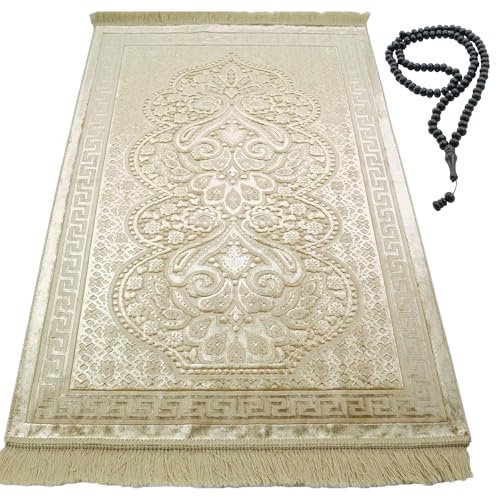Modefa Luxury Velvet Prayer Rug with Prayer Beads | Soft Elegant Muslim Turkish Janamaz Sajada Carpet for Men and Women | Plain Solid Prayer Mat Ramadan Eid Gift - Paisley (Golden Yellow) - color: Golden Yellow