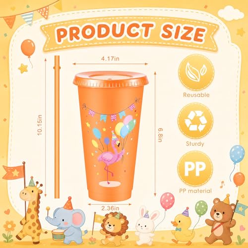 Chuangdi 12 Pcs Animal Parade Themed Party Supplies, 24 oz Cups with Lid and Straw, Reusable Jungle Safari Animals Tumbler for Animal Parade Themed Birthday Decorations, Zoo Baby Shower Favors - style: Animal Parade Party