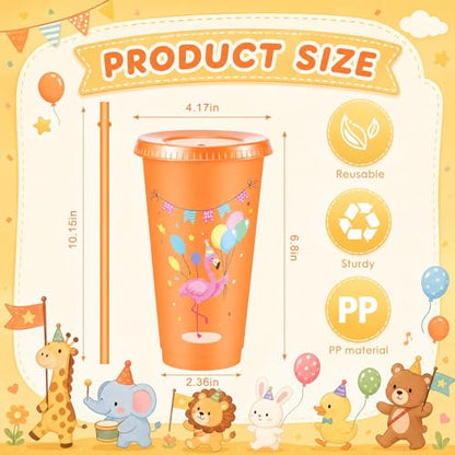 Chuangdi 12 Pcs Animal Parade Themed Party Supplies, 24 oz Cups with Lid and Straw, Reusable Jungle Safari Animals Tumbler for Animal Parade Themed Birthday Decorations, Zoo Baby Shower Favors - style: Animal Parade Party