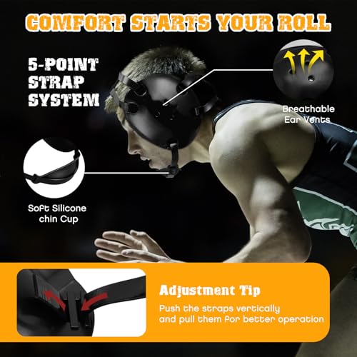Halloscume Kids Wrestling Headgear with Adjustable Ear Guard Straps MMA Jiu Jitsu Grappling Protective Headgear for Youth Adults Men Women Comfortable Training & Tournament - color: Black/Black