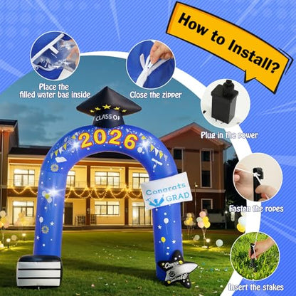 Lewondr 10FT Graduation Inflatable Outdoor Decorations, Inflatable Arch Class of 2026, Blow up Yard Decoration with 9 LED Lights for Graduation Party, 2026 Grad Decor for College High School - style: Arch