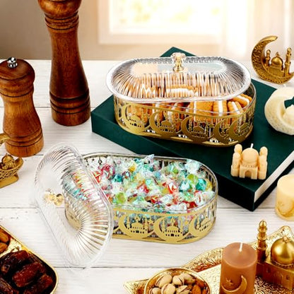 Willinglong 2 Pcs Ramadan Trays with Lid Eid Mubarak Gold Plates Dishes Table Decoration Muslim Islamic Serving Trays Metal Dessert Storage Container for Celebration (Ramadan Moon) - style: Ramadan Moon