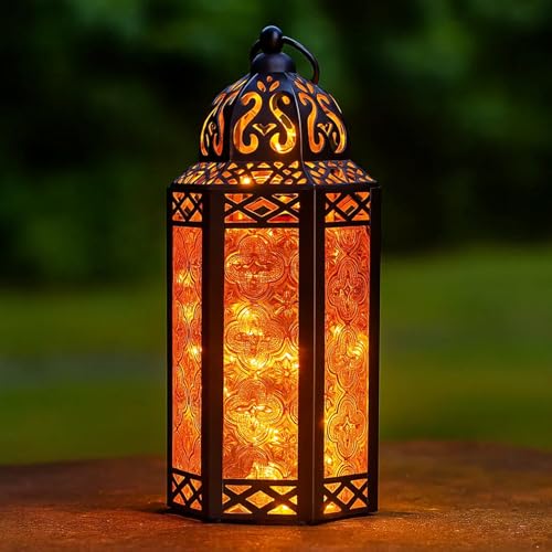 Vela Lanterns Decorative Indoor Fairy Light Candle Holder, Amber, M | Halloween Decorations, Orange Fall Decor, Fantasy Moroccan Metal Hanging Lamp, Porch Patio, Diwali & Eid, 10.5" Tall - color: Black/Amber, size: Medium