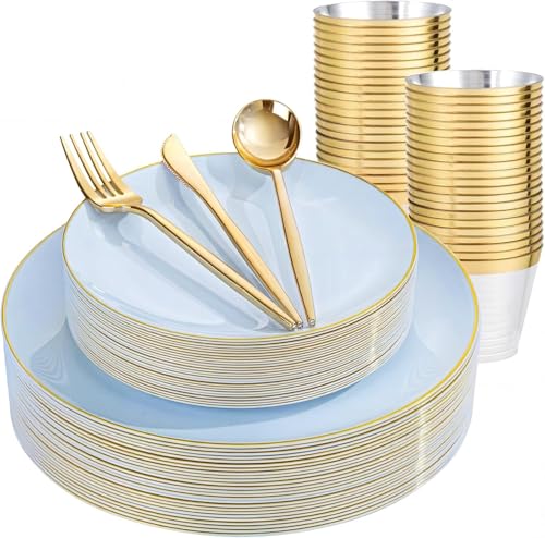 bUCLA 150PCS Blue Plastic Plates - Light Blue and Gold Disposable Include 25 Each (Dinner & Dessert) Plates, 25 Knives, 25 Forks, 25 Spoons and 25 Cups, Ideal for Party, Birthday & Wedding - color: Light Blue Gold, size: 25 Guests