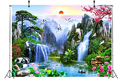 BELECO 6x4ft Fabric Fairyland Mountain Lake Photography Backdrop Waterfalls Swans Fish Flowers Dreamy Natural Landscape Painting Background Wall Murals Home Decor Kids Adults Portrait Photoshoot - size: 6x4FT