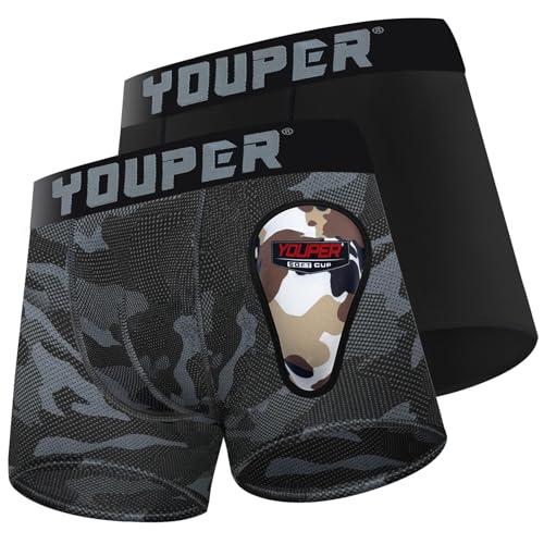 Youper 2 Pack Youth Brief with Soft Protective Athletic Cup, Youth Compression Underwear for Baseball & Football - color: Black & Camo, size: X-Large