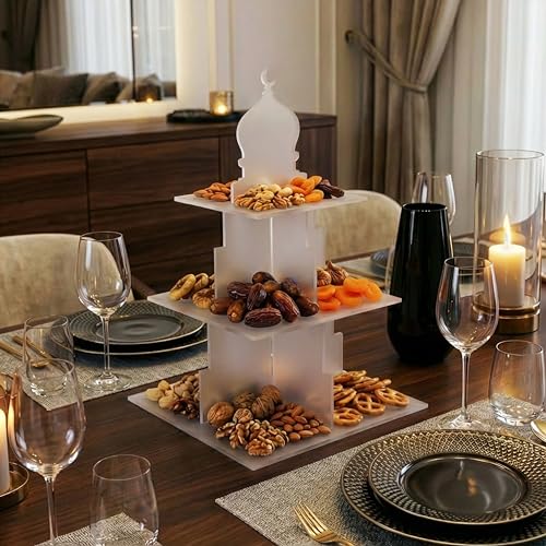 3 Tier Serving Stand and Tiered Serving Tray Display, Clear Acrylic Minaret Design Table Decor, Dessert Fruit & Date Stand for Iftar, Islamic Table Centerpiece for Ramadan and Eid - color: Frosted, size: 11.8" x 7.5" x 11.8"