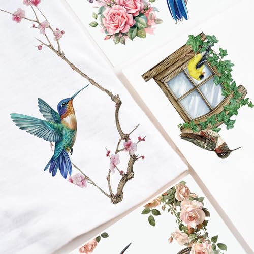 WANDIC 10 Sheets Rub On Transfer Stickers, Bees Birds Decals Fashionable Flower Waterproof Transfers for Furniture Table Water Bottle DIY Craft, 11.8 * 3.9in - color: Hummingbird