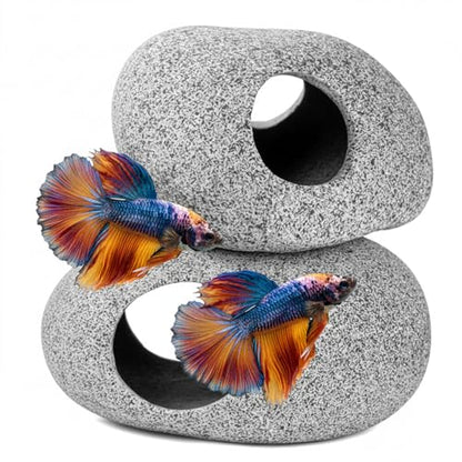 Aquarium Cave Decor - 2 PCS Natural Fish Tank Rocks for Betta Hideout and Shrimp Breeding, Hand-Polished Smooth Edges, PH Neutral, Ideal for 5-20 Gallon Tanks, Aquascaping Stone Ornaments - style: Small+Large-2 PIECES SET