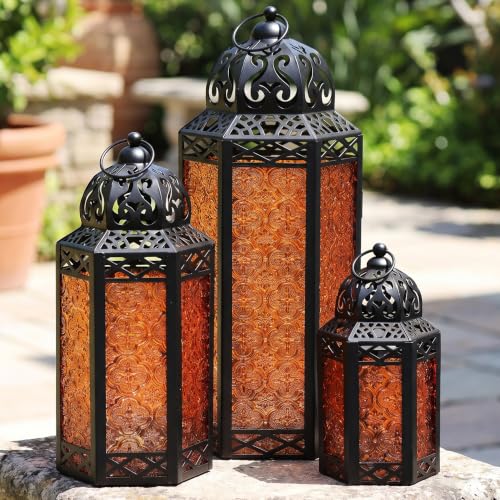 VELA LANTERNS Set of 3 Amber/Orange Glass & Black Metal Moroccan Candle Lantern Holders (XL, Large, Small) - Decorative Indoor/Outdoor Decor for Patio, Floor, Weddings & Ramadan - color: Amber