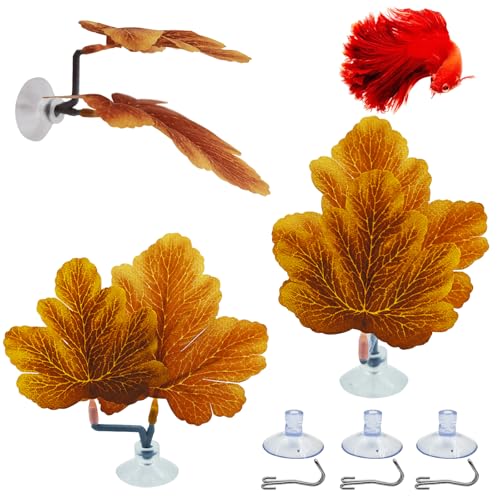 Fish Leaf Pad Betta Leaf Hammocks with Suction Cup 3pcs Fish Tank Accessories Aquarium Decor Plastic Plants Natural Habitat Spawning Breeding Resting Bed Multi Leaf Design (Yellow) - color: Yellow