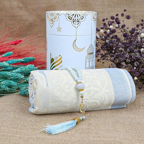 VHD Muslim Prayer Rug Set, Janamaz Salah Set, Islamic Tasbih Mat Set (Blue) - color: Blue