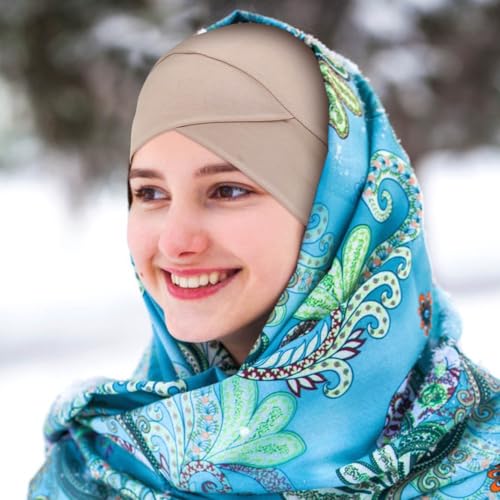 4 Pcs Satin Lined Muslim Inner Hijab Cap for Women Cross Tie Back Hijab Undercap Inner Underscarf Turban Hat - color: Cross Black Coffee Flesh Pink White