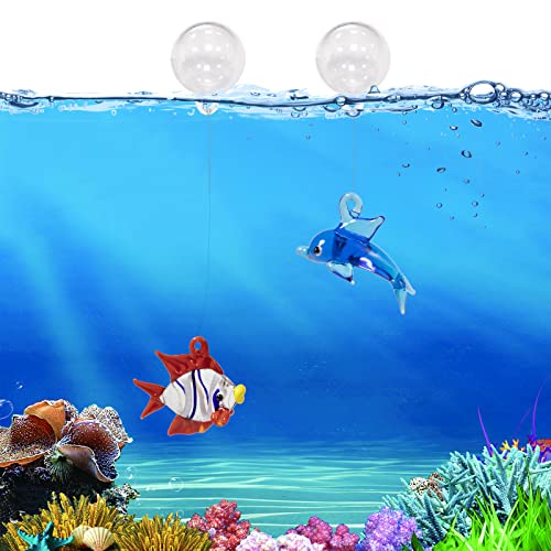 Aquarium Ornament, Cute Fish Tank Decorations Floating Fish&Dolphin with Floating Device, Glass, 2 Pack, Red and Blue, Fish Tank Accessories - style: A.Fish&dolphin