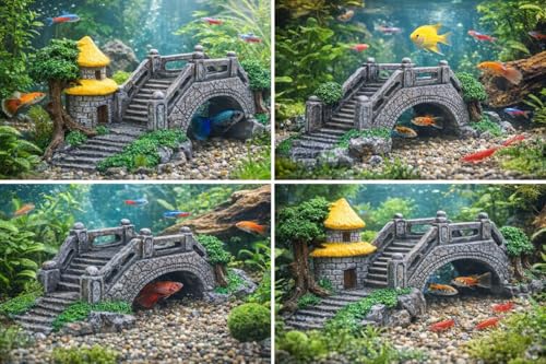 Aquarium Bridge Ornament with Stone Arch & Cottage, Resin, Gray Stone with Green Accents & Yellow Cottage Roof