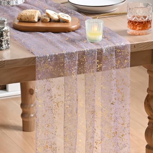 Artoid Mode Grayish Purple Gold Gauze Table Runner 120 Inch 10FT, Glitter Metallic Foil Sheer Dining Wedding Anniversary Holiday Birthday Table Decor for Home Party - color: Grayish Purple, size: 28" x 120"