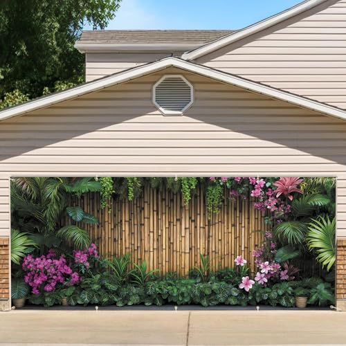 7X16FT Summer Bamboo Fence Tropical FlowersGarage Door Cover Decorations Tropical Leaves Garage Door Banner for Outdoor Indoor Summer Party Photography Backdrop - color: Bamboo fence, size: 7*16 ft