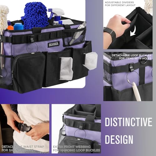 SCAVATA Wearable Cleaning Caddy Bag, Cleaning Caddy Supplies Organizer with Handle & Shoulder Straps for Housekeepers, Under Sink & Car Cleaning Tool Organizers with 4 Foldable Divider (Purple) - color: Purple