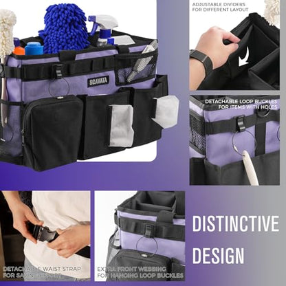 SCAVATA Wearable Cleaning Caddy Bag, Cleaning Caddy Supplies Organizer with Handle & Shoulder Straps for Housekeepers, Under Sink & Car Cleaning Tool Organizers with 4 Foldable Divider (Purple) - color: Purple