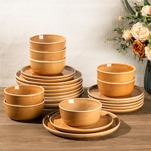 GBHOME Dinnerware Sets for 8, 24 Pieces Ceramic Plates and Bowls Set - color: Amber, size: Service for 8(24Pcs)