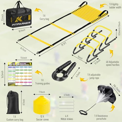 Agility Ladder, Soccer Football Training Equipment Set - 20ft Speed Ladder, 4 Hurdles,Parachute, 12 Cones & Jump Rope | Agility & Speed Training for Kids Youth Adults,Basketball & Football Accessories - color: Yellow