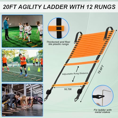 Speed Agility Training Equipment Set, Agility Ladder 20ft, 12 Football Cones, Resistance Parachute/Soccer Kick Trainer, Jump Rope, 5 Resistance Bands, Football Practice Equipment for Kids Adults - color: Orange Ladder Set