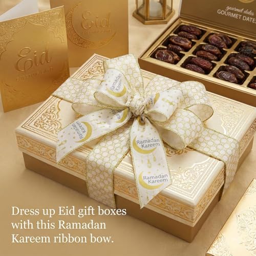 Threetols 2 Rolls 10 Yards Ramadan Mubarak Wired Edge Ribbons, 2.5inch White Gold Moon Burlap Ribbon, Lantern Mesh Ribbon for Eid Islamic Muslim Mosque DIY Craft Wreath Bow Wedding Party Decor