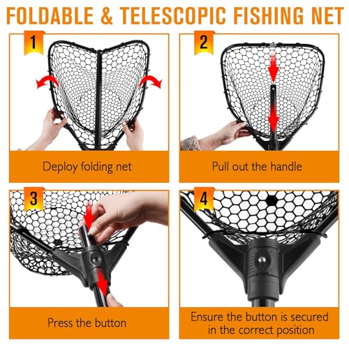Rubber Fishing Landing Nets Telescopic Handle Nets Folding Nets with Collapsible Handle for Catch & Release Fishing Gift 17.6" dia-13.7" Depth Black/Orange - color: Black