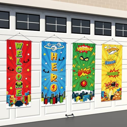 Panelee 4 Pcs Hero Theme Party Banners Hero Party Decorations City Comic Skyline Porch Sign Hanging Door Banner for Cityscape Birthday Backdrop Supplies - style: Hero