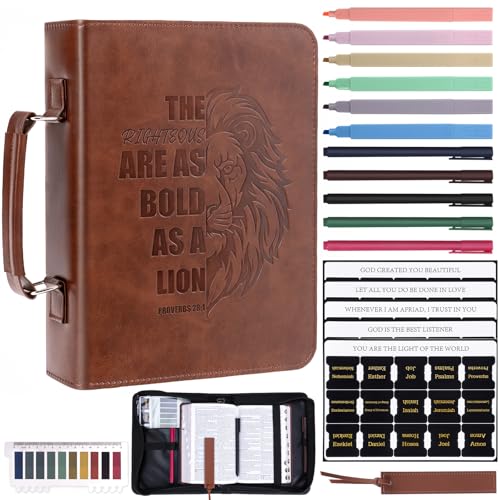 XKDOUS Bible Cover for Men Leather Bible Bag Large Book Carrying Case Kit - color: Light Brown Lion