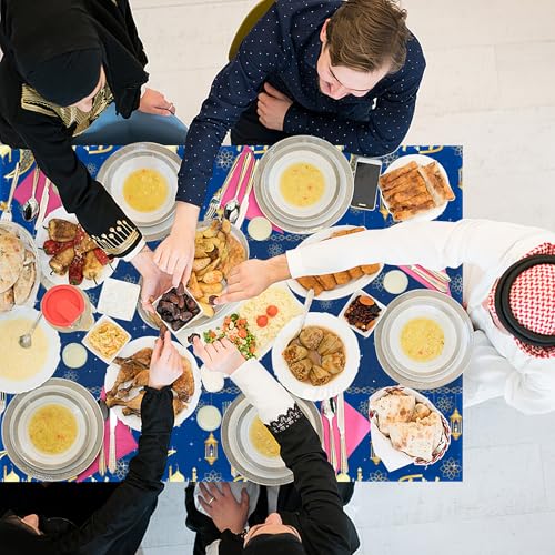 Iceyyyy 4 Pcs Ramadan Party Supplies Decoration Set-108"x54" Disposable Ramadan Mubarak Tablecloth & 32.8Ft Banner-Blue Eid Celebration Decoration for Muslim Ramadan Picnic Home Kitchen Party