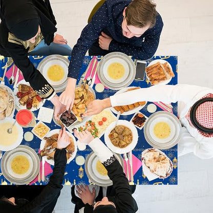 Iceyyyy 4 Pcs Ramadan Party Supplies Decoration Set-108"x54" Disposable Ramadan Mubarak Tablecloth & 32.8Ft Banner-Blue Eid Celebration Decoration for Muslim Ramadan Picnic Home Kitchen Party